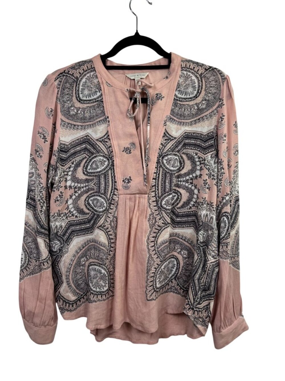 Lucky Brand Pink Black Paisley Peasant Boho Long Sleeve Blouse Top Size Medium